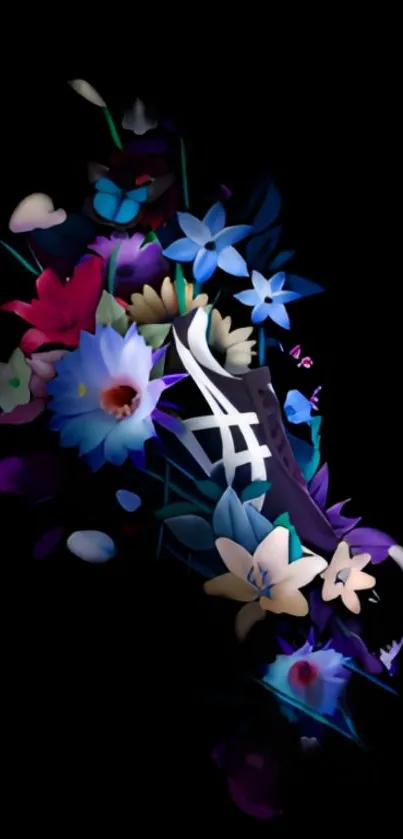 Vibrant neon flowers on a black backdrop, featuring dynamic and colorful floral art.