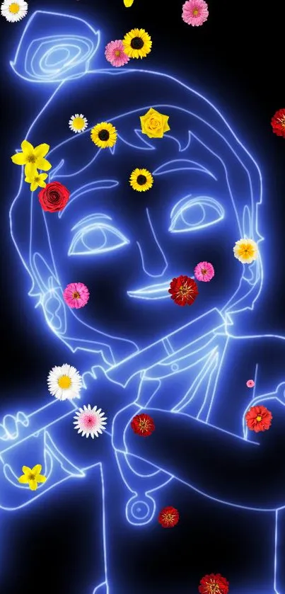 Neon outline of Krishna with floral accents.