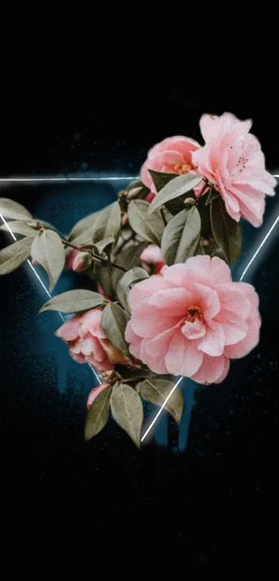 Neon triangle with pink flowers on a black background.