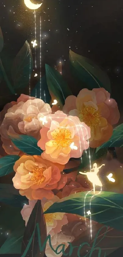 A fantasy mobile wallpaper with flowers and a crescent moon under glowing lights.