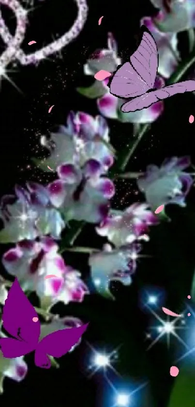 Elegant orchids with butterflies and sparkles on a dark background.