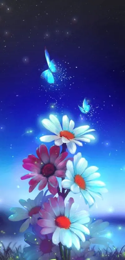 Vibrant daisies with glowing butterflies at night.