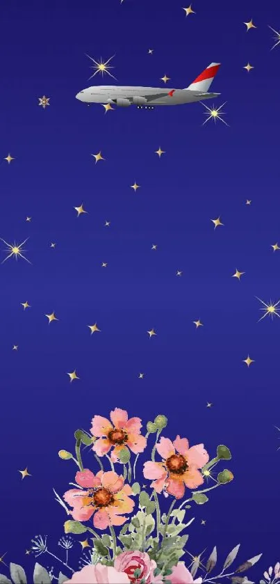 Airplane soaring above starry night sky with flowers below.