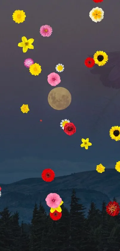 Vivid floral design against a dark night sky with a bright full moon.