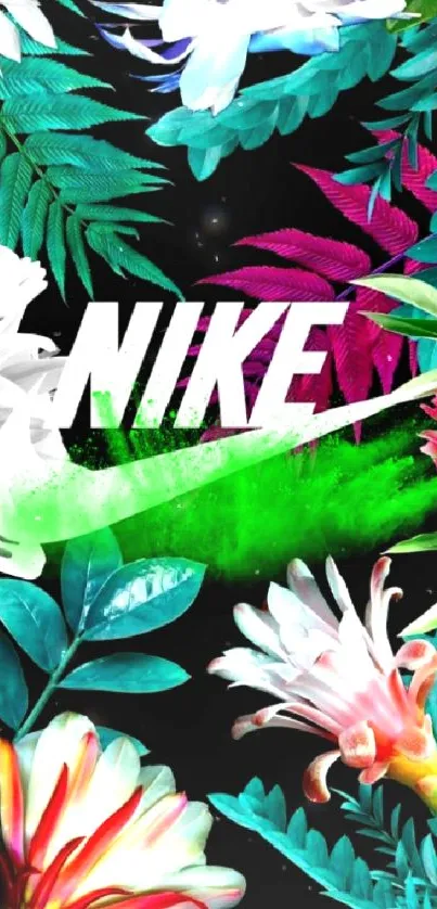 Vibrant floral wallpaper with Nike logo.