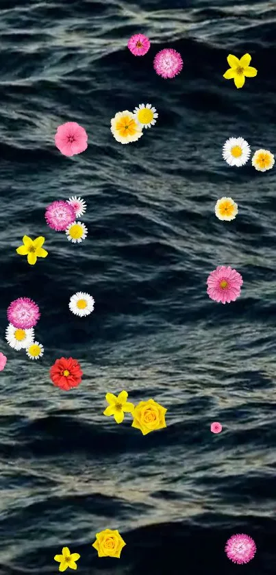 Colorful flowers floating on dark ocean waves wallpaper.