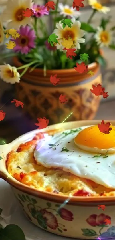 Floral bowl with omelette and sunny-side-up egg on a rustic table.