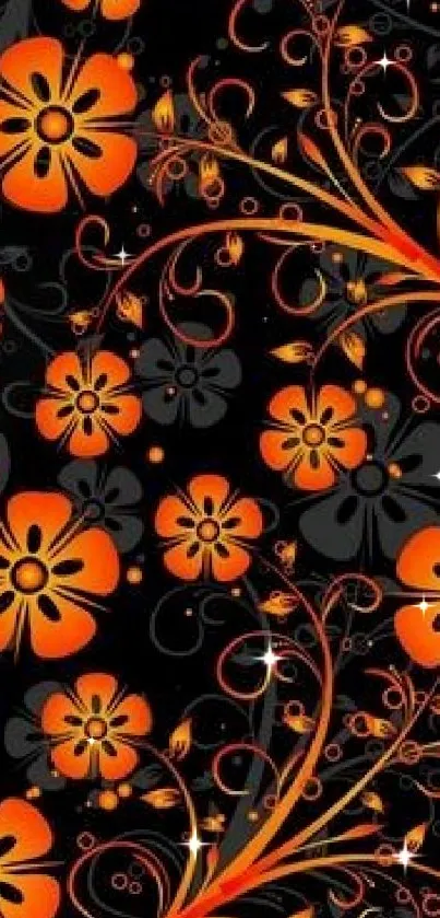 Orange floral design on a black background, ideal for phone wallpaper.