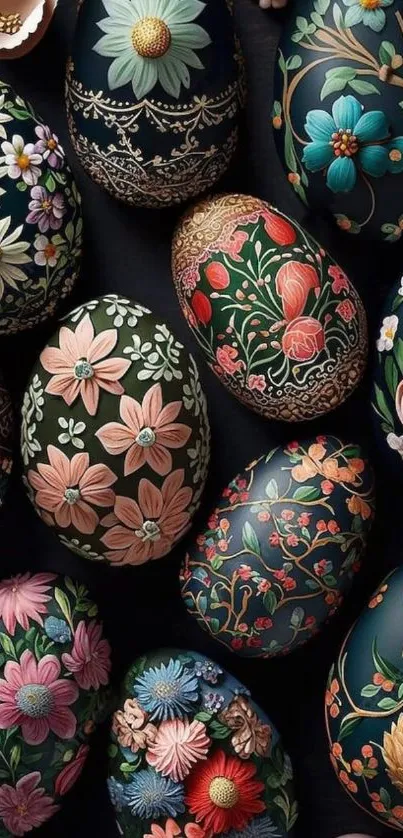 Intricately designed floral patterned eggs on dark background.
