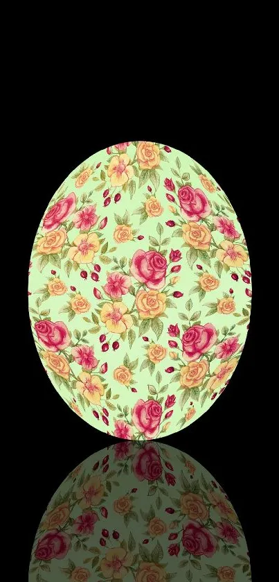 Floral oval wallpaper with roses on a black background.