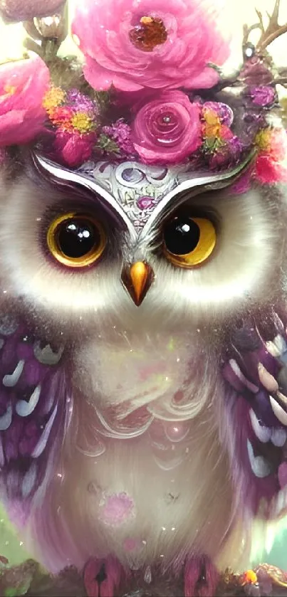 Whimsical owl with floral crown mobile wallpaper.