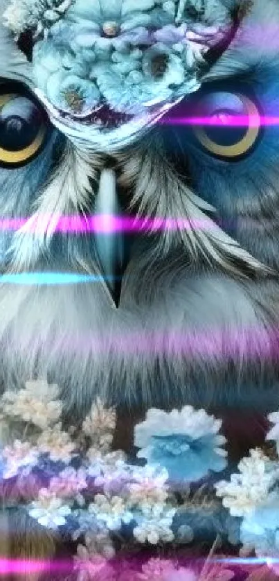 Owl surrounded by vibrant flowers, featuring a fantasy theme in light blue hues.