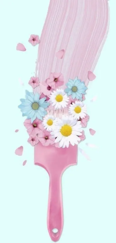 Mobile wallpaper with pink paintbrush and colorful flowers on a sky blue background.