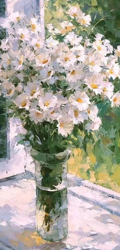 Floral painting of white flowers on a window sill in soft greens.
