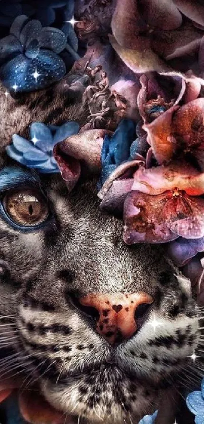 Panther amidst colorful floral art on mobile wallpaper.