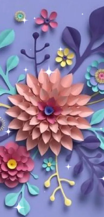 Colorful floral paper art wallpaper with 3D flowers on a lavender background.