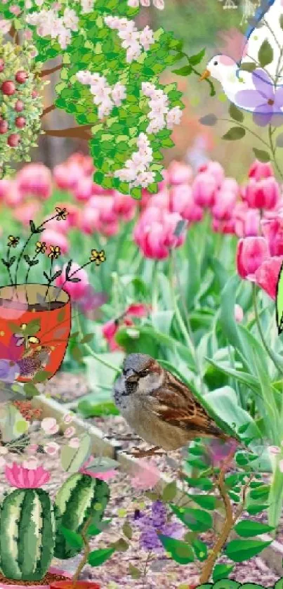 Whimsical wallpaper with flowers and sparrow in vibrant garden.