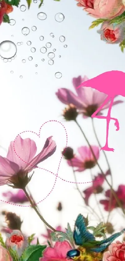 Mobile wallpaper with pink flowers and flamingos in a pastel theme.