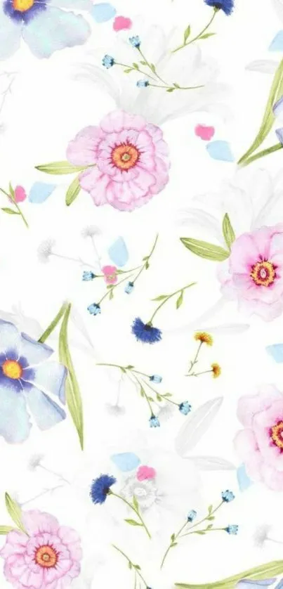 Floral pastel wallpaper with pink and blue flowers on a white background.