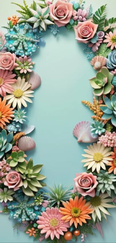 Pastel floral mobile wallpaper with turquoise background.