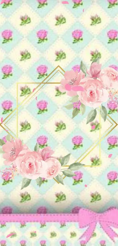 Charming floral pastel wallpaper with pink roses and vintage accents.