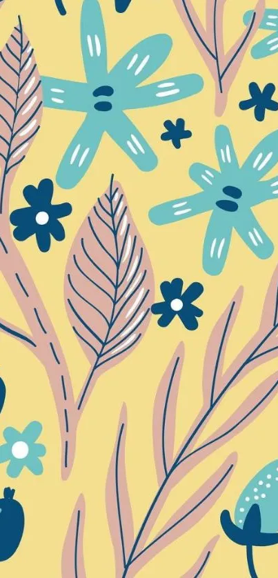 Floral pattern wallpaper with yellow background, teal flowers, and pink leaves.