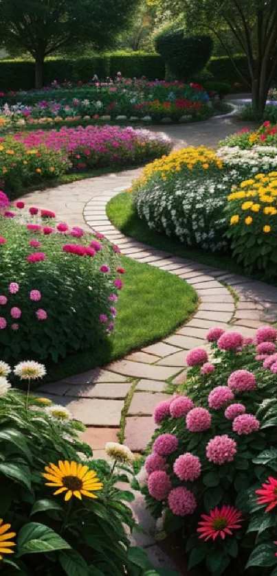 A vibrant garden path with colorful flowers and lush greenery.