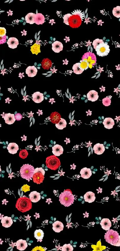 Pink floral pattern on a black background.