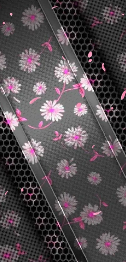 Mobile wallpaper with pink floral patterns on a grey textured background.