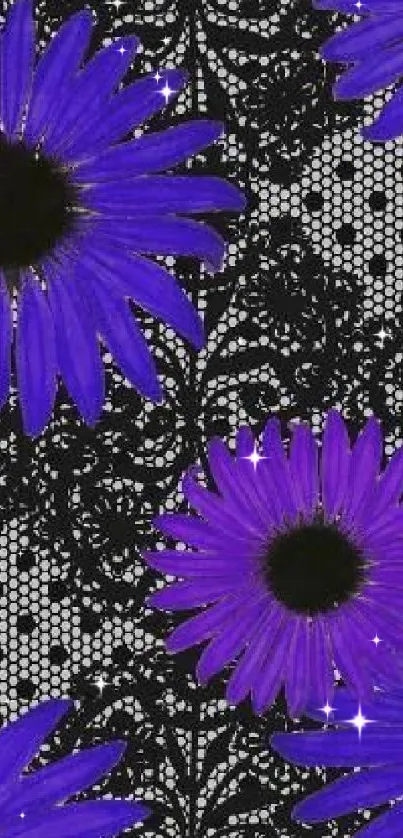 Vibrant purple daisy floral wallpaper with black and white pattern.