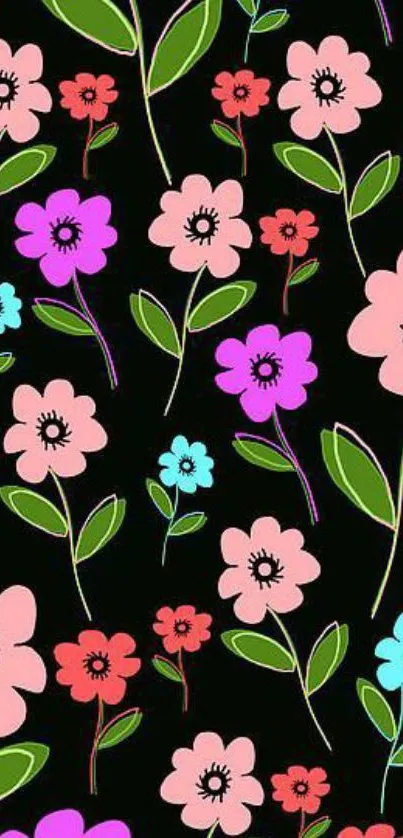 Vibrant floral mobile wallpaper with colorful flowers on black background.