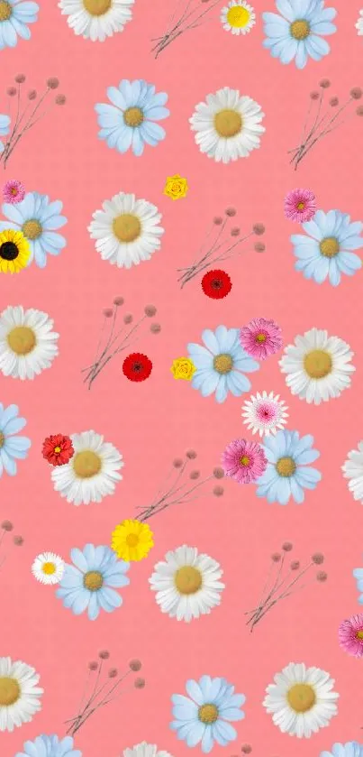 Floral pattern wallpaper with daisies and pink background.