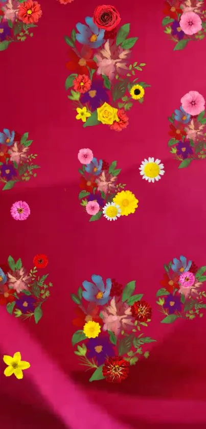 Colorful floral pattern on a red background, ideal for mobile wallpaper.