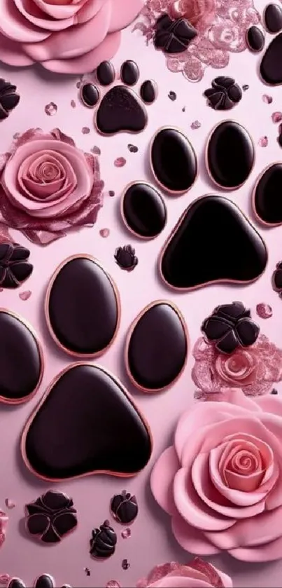 Elegant mobile wallpaper featuring black paw prints and pink roses.