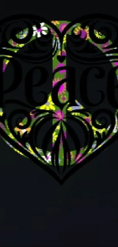 Intricate floral heart design with peace text on a dark wallpaper background.