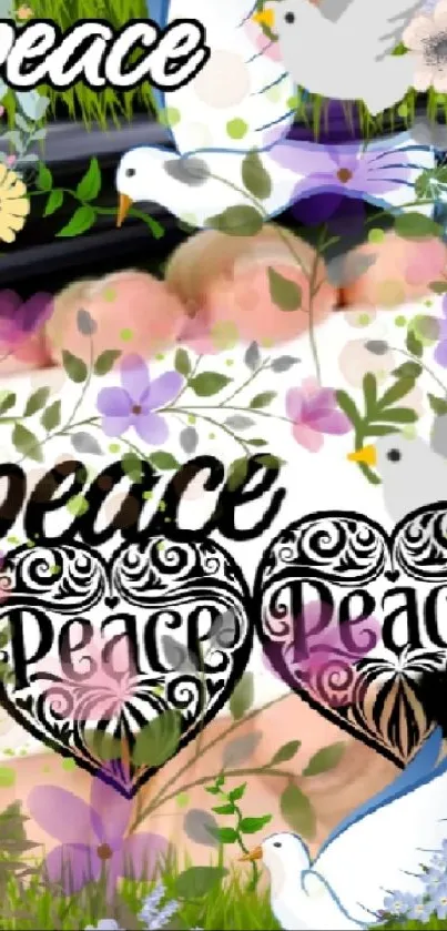 Floral wallpaper with peace text, doves, and hearts.