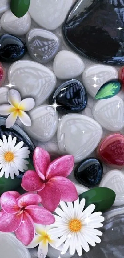 Vibrant floral pebble wallpaper with pink and white flowers over stones.