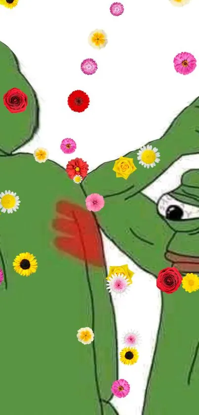 Pepe the Frog with colorful flowers on green background.