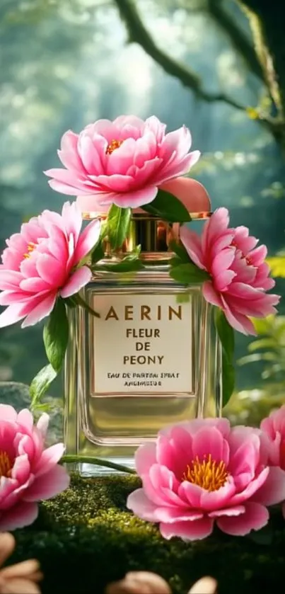 Perfume bottle surrounded by pink peonies.