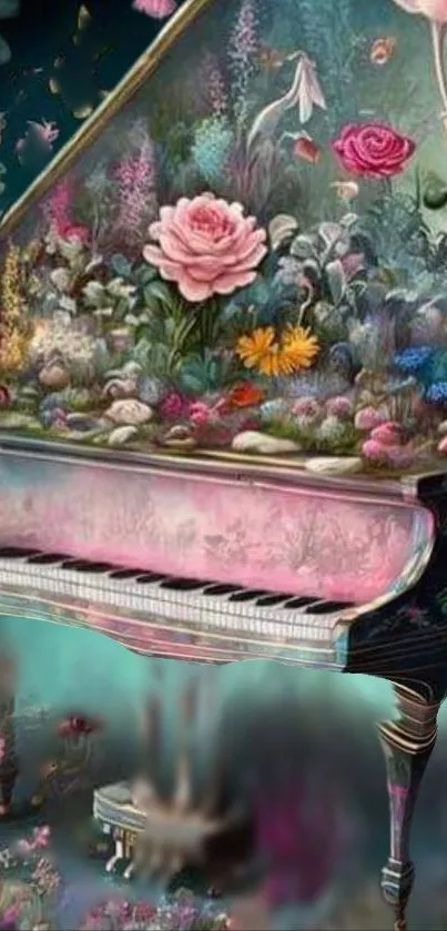 Artistic wallpaper featuring a floral piano with vibrant colors and dreamy design.