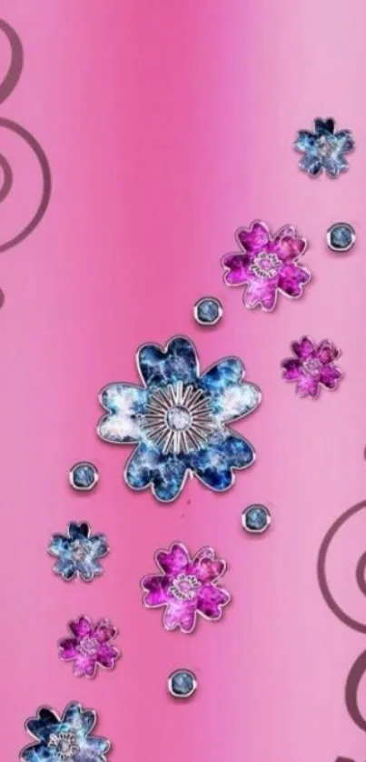 Pink floral mobile wallpaper with blue and purple flowers.