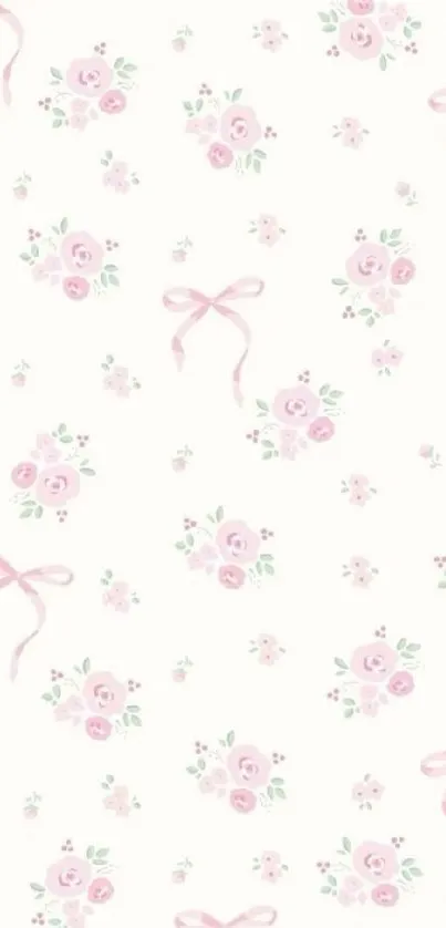 Pink floral pattern wallpaper with roses and bows.