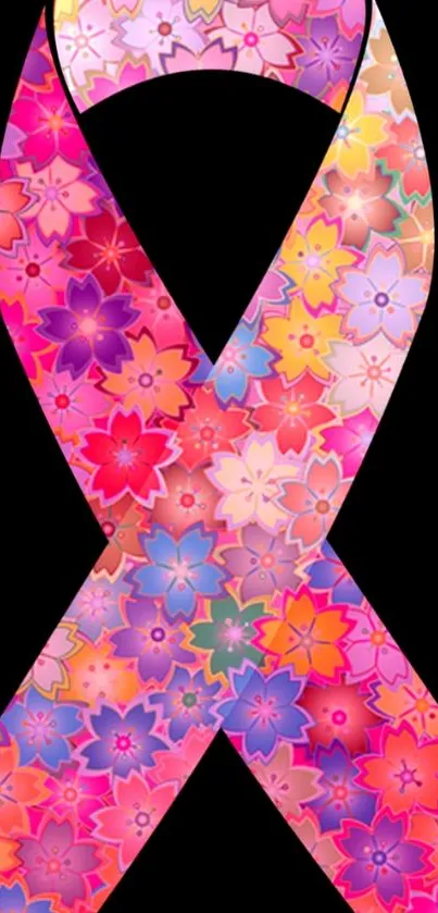 Floral pink ribbon wallpaper with vibrant flowers.