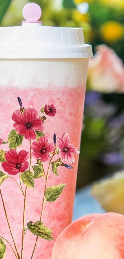 Pink floral smoothie cup with peach and flowers.