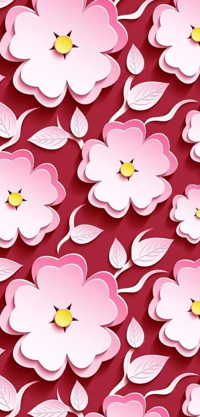 Vibrant pink floral wallpaper with 3D flowers on a red backdrop.