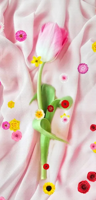 Pink tulip on floral pink fabric wallpaper.