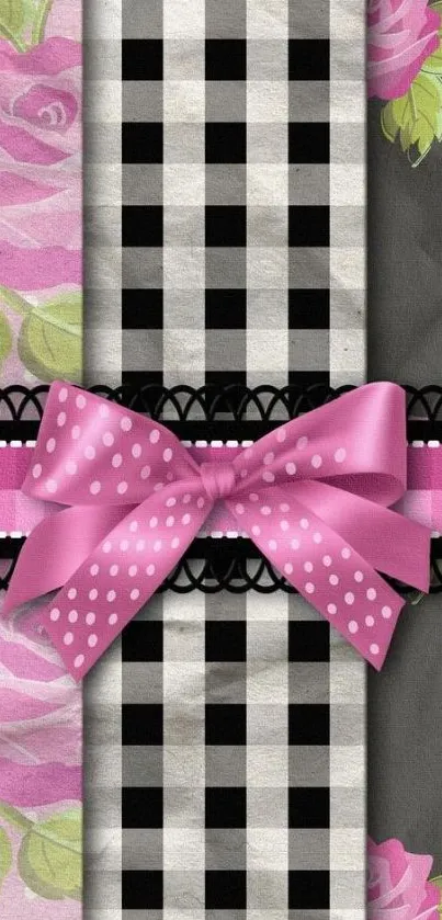 Pink bow on floral and plaid wallpaper.