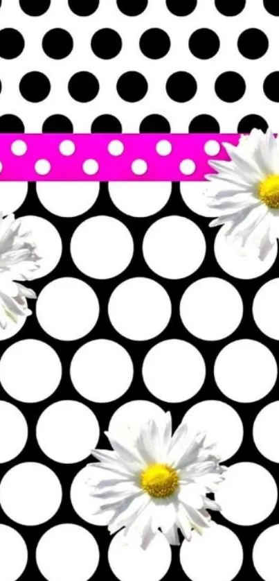 Floral polka dot wallpaper with daisies and pink accents.