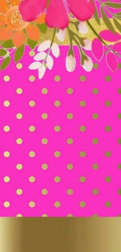 Vibrant pink floral wallpaper with gold polka dots and elegant design.