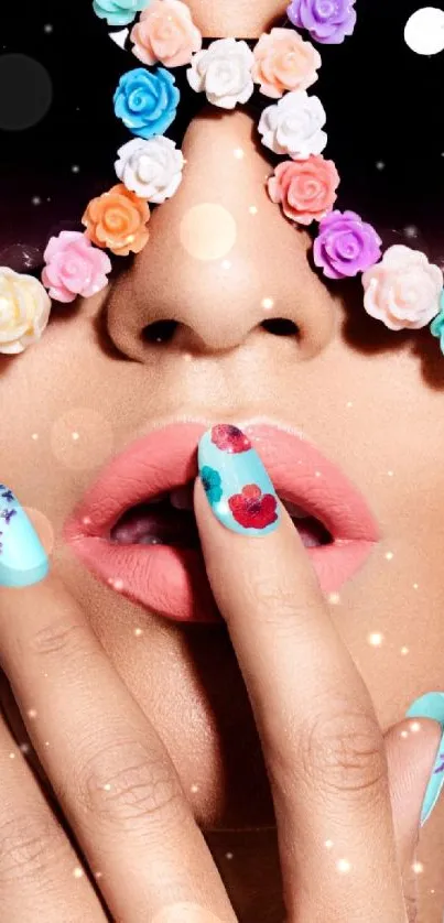 Vibrant pop art wallpaper with floral sunglasses and colorful nails.